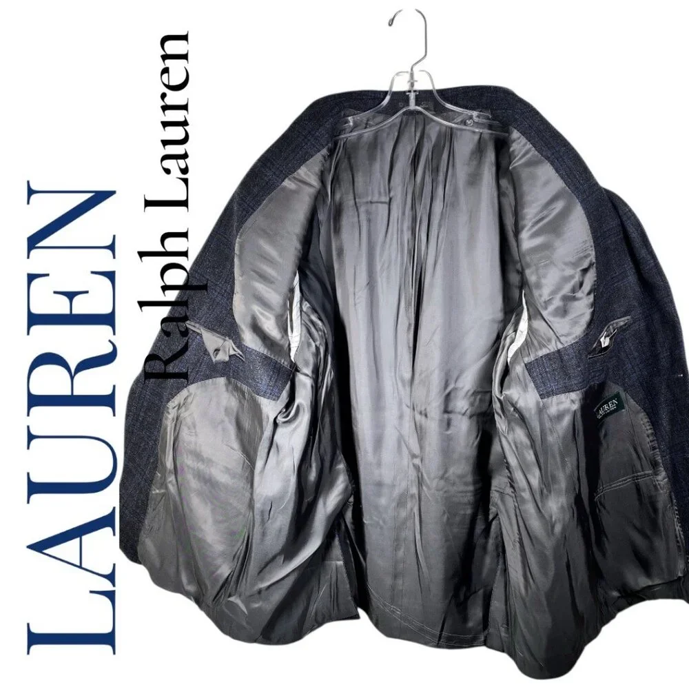 LAUREN RALPH LAUREN MEN’S 100% WOOL PLAID‎ BLAZER 2-BUTTON GRAY BLUE, SIZE 48R